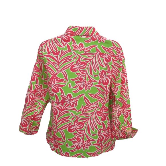 IZOD Stretch Blouse Sz Petite Large Button Front Hawaiian Tropical Print Cruise - Picture 3 of 9